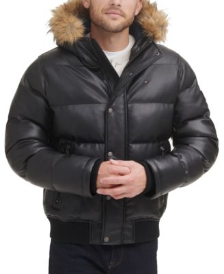 Tommy Hilfiger - Men's Faux Leather Quilted Snorkel Hooded Bomber Jacket with Faux Fur Hood