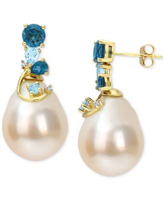 Macy's - Cultured South Sea Pearl (9-10mm) & Blue Topaz (2 ct. t.w.), & Diamond Accent Drop Earrings in 14k Gold