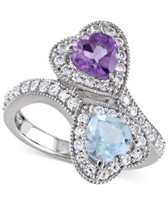 Macy's - Amethyst (5/8 ct. t.w.), Blue Topaz (7/8 ct. t.w.), & Lab-Grown White Sapphire (7/8 ct. t.w.) Heart Bypass Ring in Sterling Silver