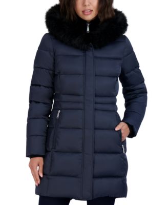 Tahari - Women's Velvet Bibbed Faux-Fur-Trim Hooded Puffer Coat