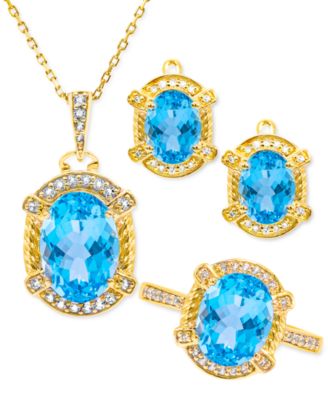 Macy's - 3-Pc. Set Swiss Blue Topaz (9-1/2 ct. t.w.) & Diamond (3/8 ct. t.w.) Pendant Necklace, Earrings & Ring in 18k Yellow Gold-Plated Sterling Silver