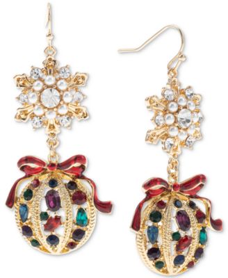 Holiday Lane - Gold-Tone Mixed Stone Yuletide Ornament Double Drop Earrings
