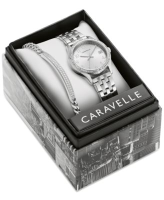Caravelle - Women's Crystal Stainless Steel Bracelet Watch 32mm Gift Set