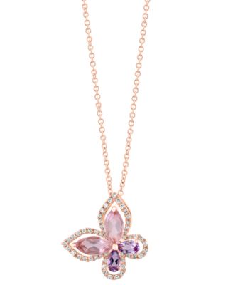 EFFY Collection - Rose Quartz (1 ct. t.w.), Pink Amethyst (1/5 ct. t.w.), & Diamond (1/5 ct. t.w.) Butterfly 18" Pendant Necklace in 14k Rose Gold