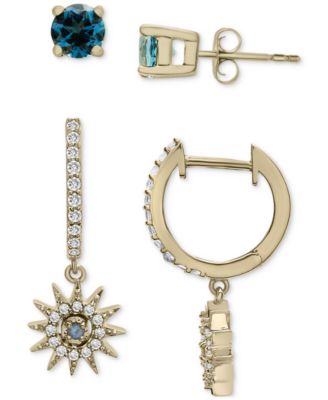 Macy's - 2-Pc. Set London Blue Topaz (1/3 ct. t.w.) & Lab-grown White Sapphire (3/8 ct. t.w.) Stud and Dangle Hoop Earrings in 14k Gold-Plated Sterling Silver