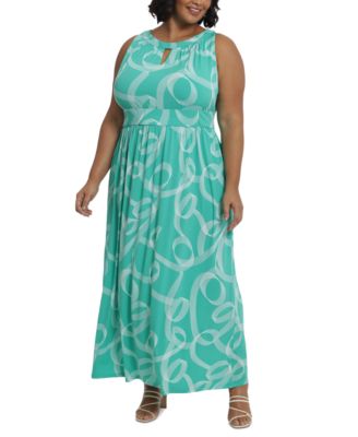London Times - Plus Size Halter Keyhole Printed Maxi Dress