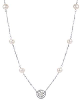 Macy's - Cultured Freshwater Pearl (5 - 6-1/2mm) & Lab-Created White Sapphire (1/20 ct. t.w.) Flower 18" Pendant Necklace in Sterling Silver