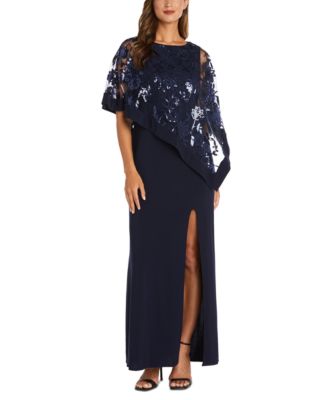 R & M Richards - Women's Sequinned Floral-Lace-Poncho Gown