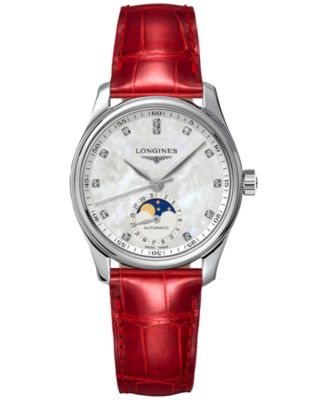Longines - Women's Swiss Automatic Master Diamond (1/20 ct. t.w.) Red Leather Strap Watch 34mm