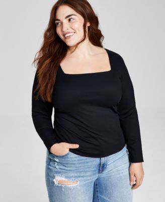 And Now This - Trendy Plus Size Square-Neck Long-Sleeve Top