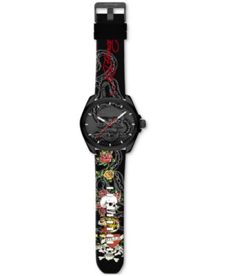 Ed Hardy - Men's Printed Black Silicone Strap Watch 46mm