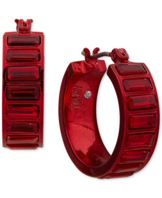 DKNY - Red-Tone Small Red Baguette Crystal Hoop Earrings, 0.65"