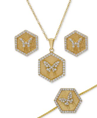 Macy's - 3-Pc. Set Lab-Grown White Sapphire (1-1/2 ct. t.w.) Hexagon Disc Pendant Necklace, Bolo Bracelet, & Matching Stud Earrings in 14k Gold-Plated Sterling Silver