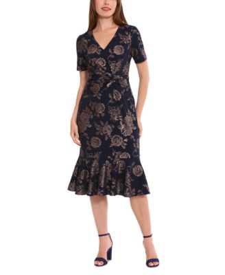 London Times - Women's V-Neck Scuba-Crepe Midi Dress