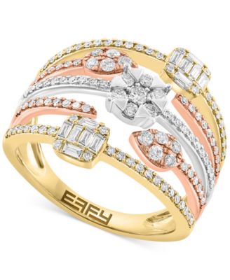 EFFY Collection - Diamond Round & Baguette Multirow Statement Ring (5/8 ct. t.w.) in 14k Tricolor Gold