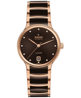 Rado - Women's Swiss Automatic Centrix Diamond Accent Brown Ceramic & Rose Gold PVD Stainless Steel Bracelet Watch 35mm