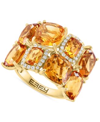 EFFY Collection - Citrine (11-3/8 ct. t.w.) & Diamond (1/6 ct. t.w.) Halo Cluster Ring in 14k Gold