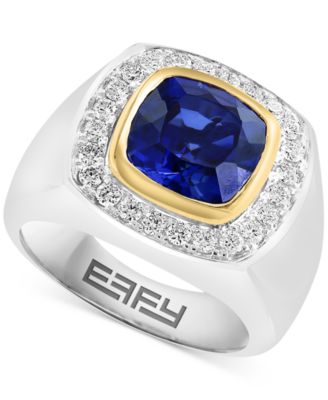EFFY Collection - Men's Lab Grown Sapphire (2-1/5 ct. t.w.) & Lab Grown Diamond (5/8 ct. t.w.) Halo Ring in 14k Two-Tone Gold