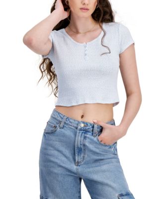 Just Polly - Juniors' Cotton Pointelle Knit Henley Top