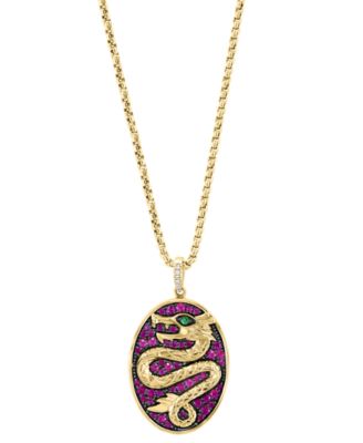 EFFY Collection - Men's Ruby (1 ct. t.w.), Tsavorite Accent, & Diamond Accent Dragon Oval Disc 22" Pendant Necklace in Gold-Plated Silver