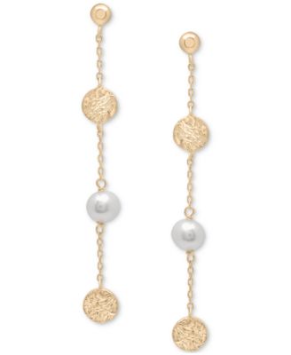 Macy's - Cultured Freshwater Pearl (6-7mm) & Textured Disc Linear Drop Earrings in 14k Gold-Plated Sterling Silver