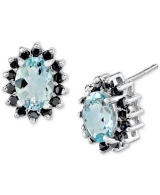 Macy's - Aquamarine (1-1/2 ct. t.w.) & Black Diamond (3/8 ct. t.w.) Oval Halo Stud Earrings in 14k White Gold