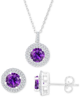 Macy's - 2-Pc. Set Amethyst (2-/8 ct. t.w.) & Lab-Grown White Sapphire (1 ct. t.w.) Halo Pendant Necklace & Matching Stud Earrings in Sterling Silver