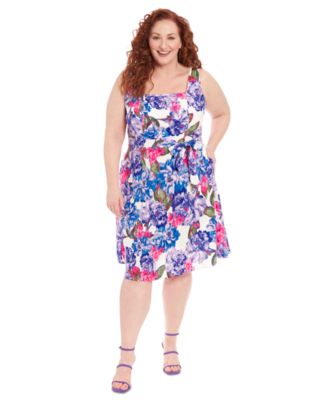 London Times - Plus Size Floral-Print Square-Neck Dress