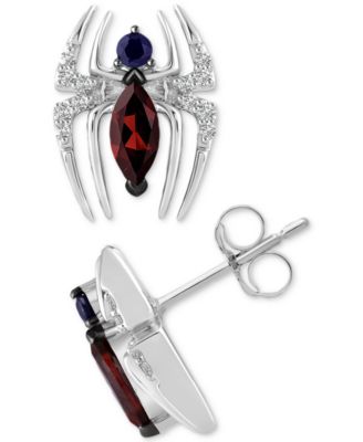 Wonder Fine Jewelry - Garnet (1/2 ct. t.w.) Sapphire (1/8 ct. t.w.) & Diamond (1/10 ct. t.w.) Spiderman Stud Earrings in Sterling Silver