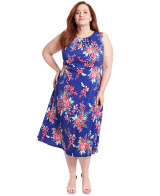 London Times - Plus Size Floral-Print Keyhole Sleeveless A-Line Dress