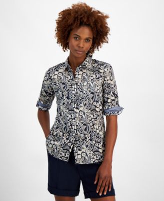 Tommy Hilfiger - Women's Cotton Paisley Roll-Tab Shirt