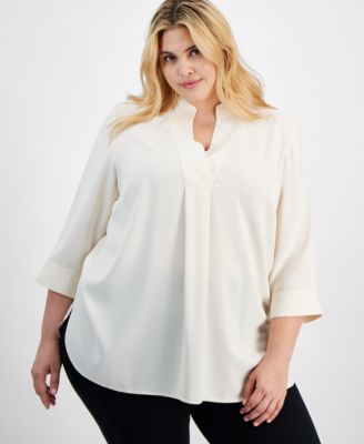 Anne Klein - Plus Size Split-Neck 3/4-Sleeve Tunic Top