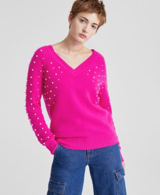 Charter Club - Women's Cashmere Faux-Pearl Double V-Neck Sweater