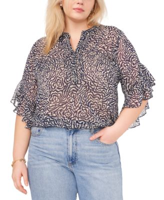 Vince Camuto - Plus Size Printed V-Neck Flutter-Sleeve Henley Top