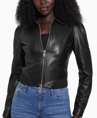 GUESS - Women's Collared Faux-Leather Bomber Coat