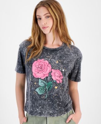 Rebellious One - Juniors' Rose-Graphic Crewneck T-Shirt