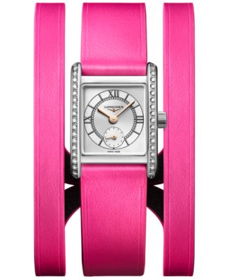 Longines - Women's Swiss Mini Dolcevita 150th Kentucky Derby Edition Diamond (3/8 ct. t.w.) Pink Three Row Leather Strap Watch 22x29mm