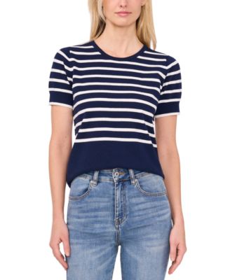 CeCe - Women's Cotton Short-Sleeve Striped Crewneck Sweater
