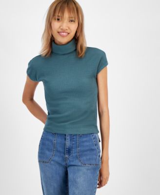 And Now This - Women's Ribbed Cap-Sleeve Turtleneck Top