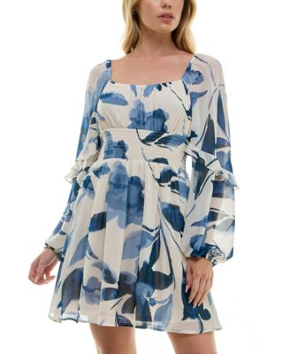 Crystal Doll - Juniors' Long-Sleeve Printed-Chiffon A-Line Dress