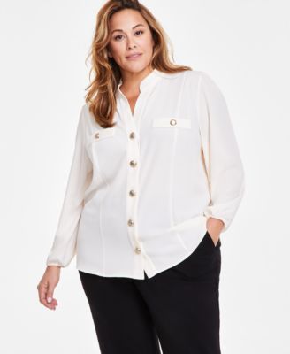 Anne Klein - Plus Size High-Neck Button-Front Blouse
