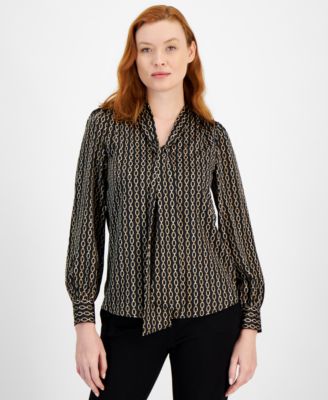 Anne Klein - Women's Chain-Print Tie-Neck Blouse