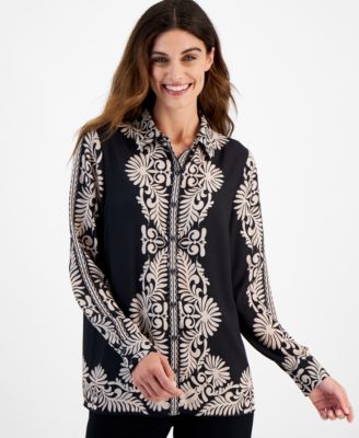 T Tahari - Women's Placement-Print Long-Sleeve Blouse
