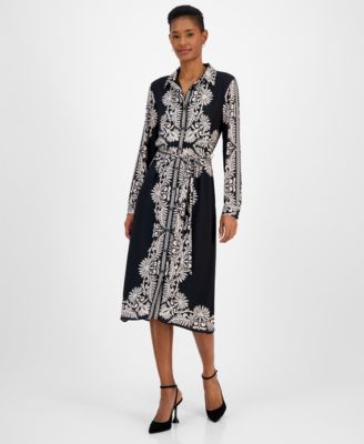 T Tahari - Women's Printed Long-Sleeve Midi Shirtdress
