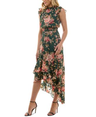 BCX - Juniors' Floral-Print Smocked-Waist High-Low Hem Dress