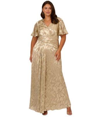 Adrianna Papell - Plus Size Foil Leaf Flutter-Sleeve Draped Gown