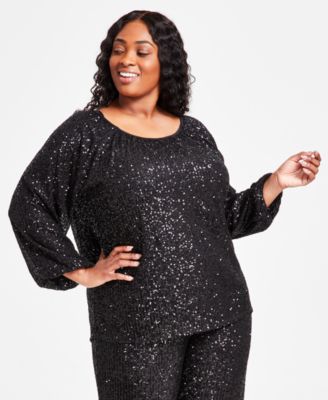 JM Collection - Plus Size Sequin Boat-Neck Long-Sleeve Top