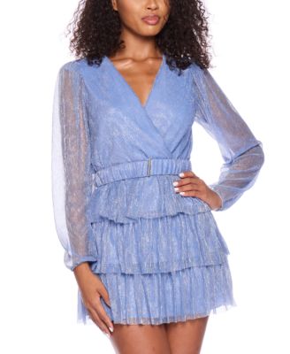 B Darlin - Juniors' Metallic V-Neck Belted Tiered Dress