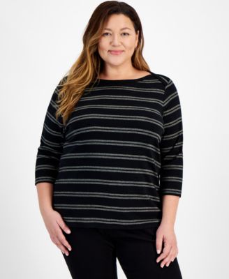 Style & Co - Plus Size Printed Cotton Boat-Neck 3/4-Sleeve Top