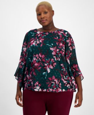 Kasper - Plus Size Crewneck 3/4-Bell-Sleeve Blouse